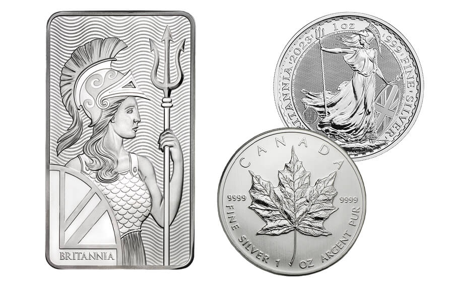 Investičné strieborné zliatky a mince Britannia a Canada Maple Leaf